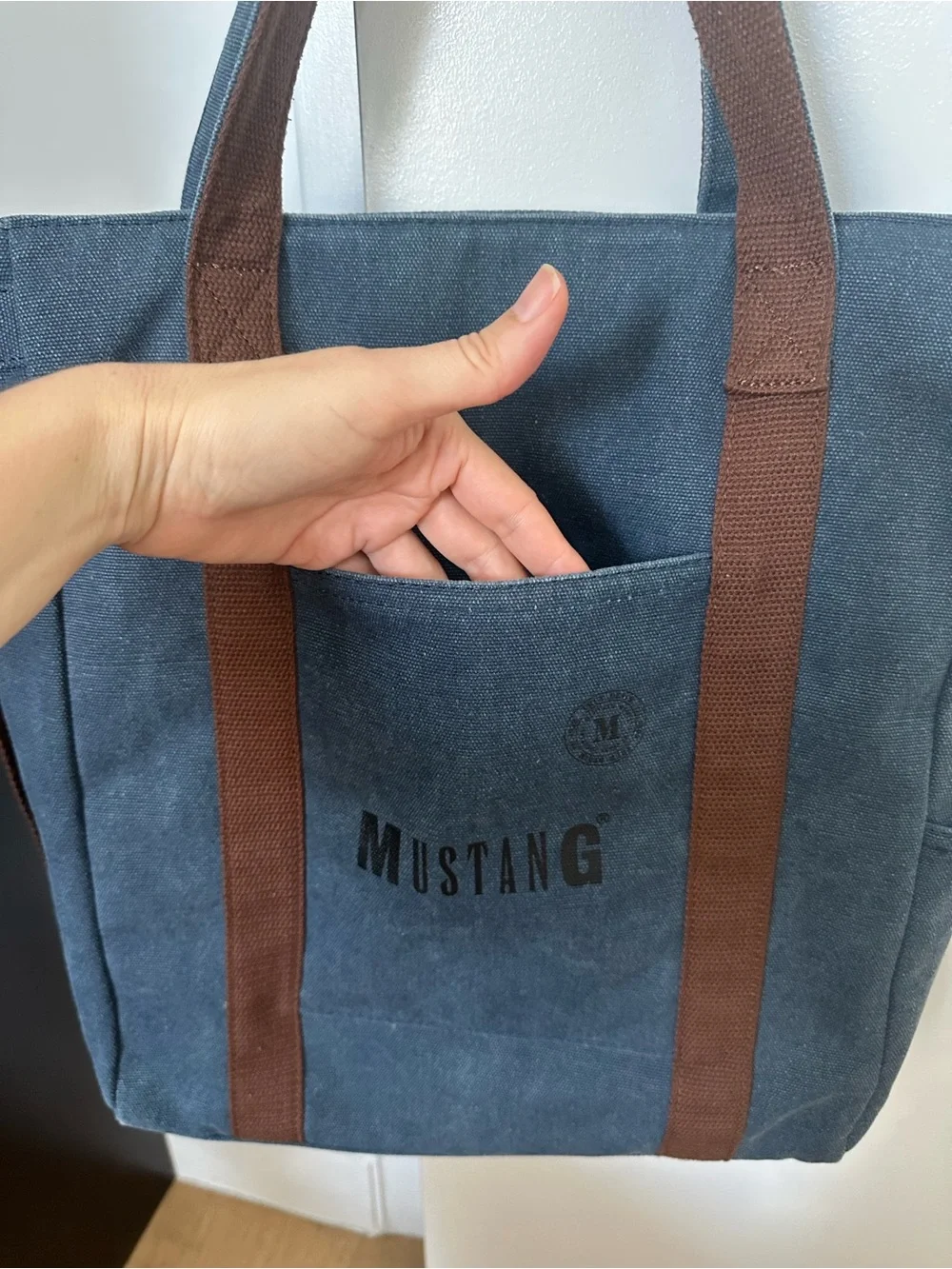 Canvas Messenger Tote in Blue with Brown Straps